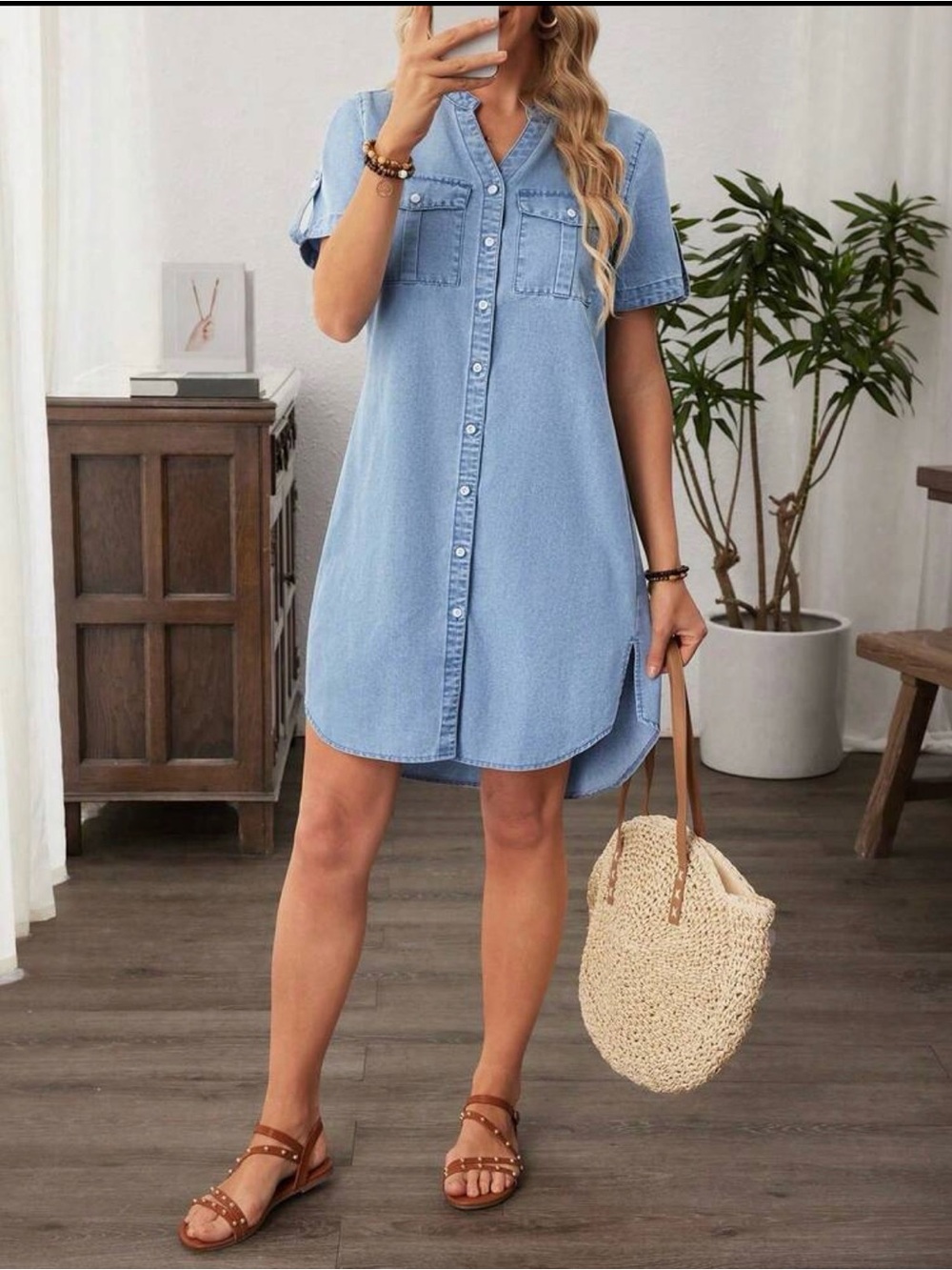 Shein Light Wash Denim Shirt Dress